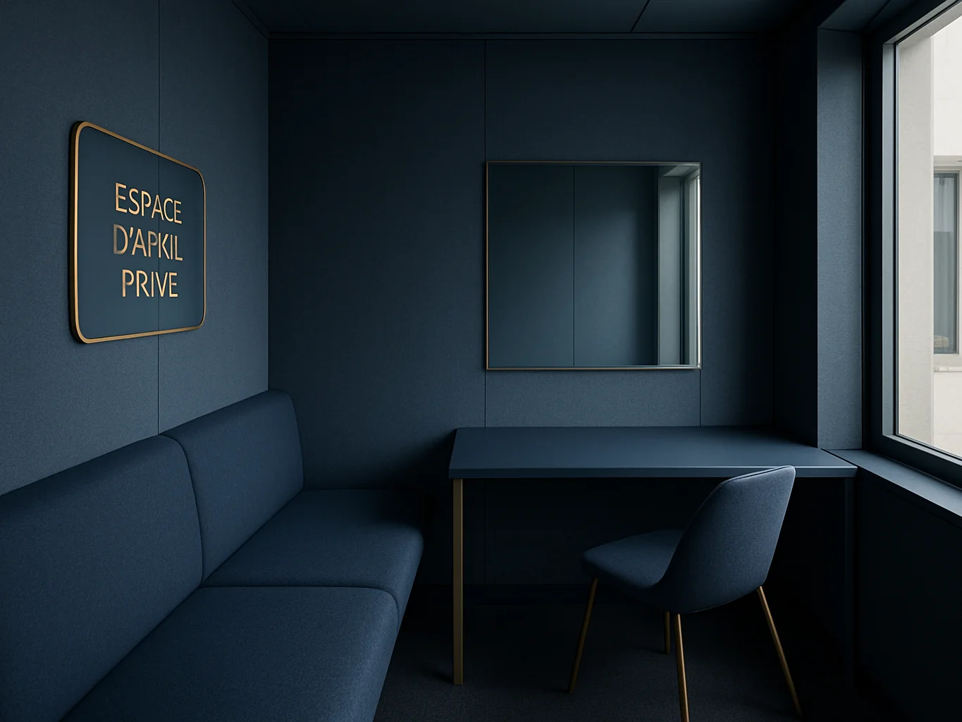 Espace d'appel privé réel, cabine calme et insonorisée, mobilier