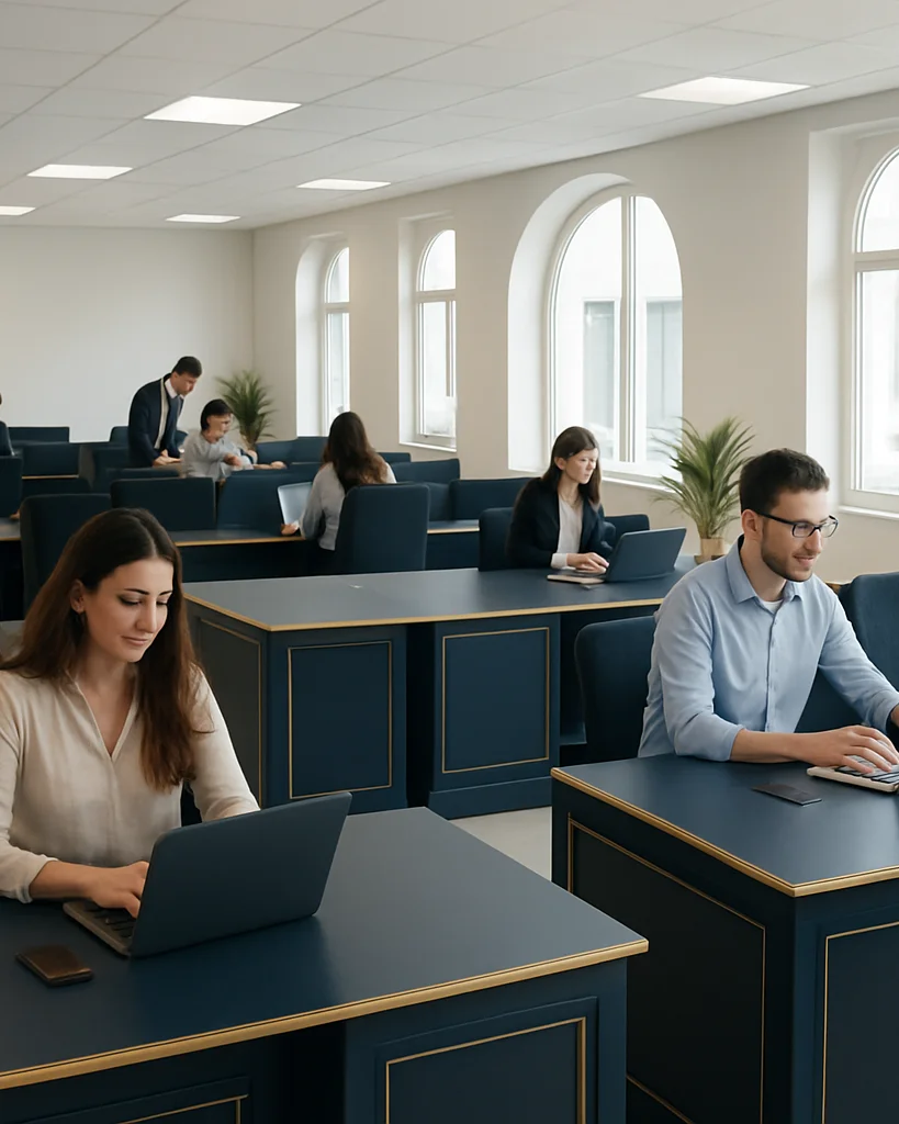Vue architecturale grand-angle des postes de coworking lumineux d