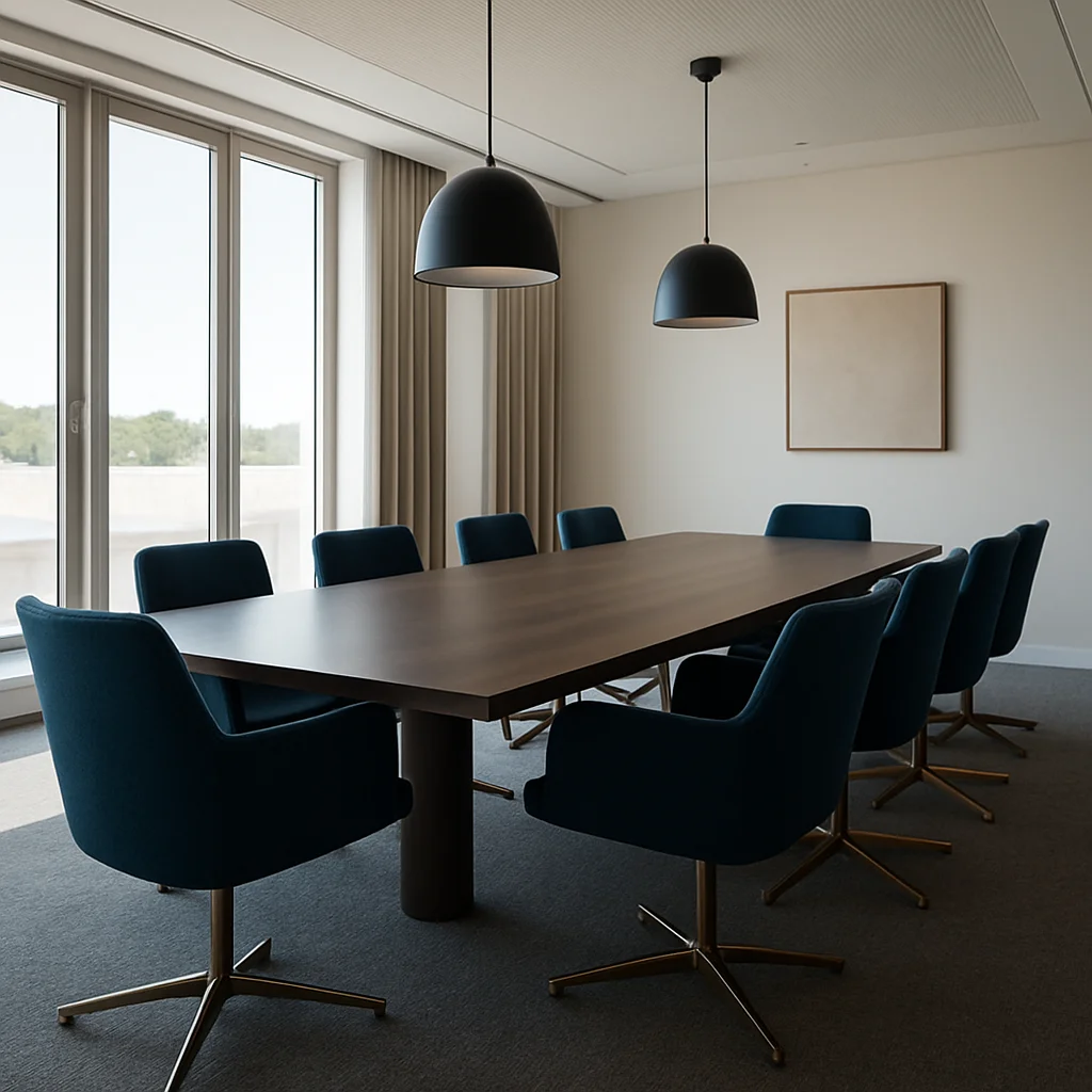 Salle de réunion lumineuse avec grande table et fauteuils sobres,
