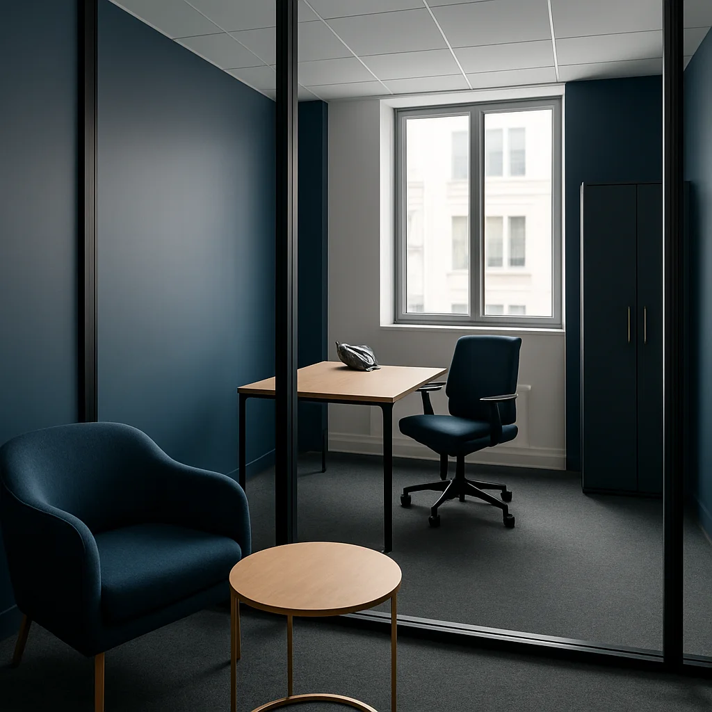 Espace d'appel privé calme avec cloison vitrée et mobilier épuré,