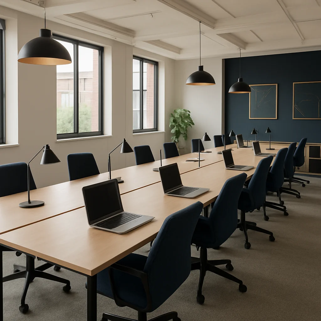 Vue d'ensemble de la zone de coworking, 12 postes alignés, grand-