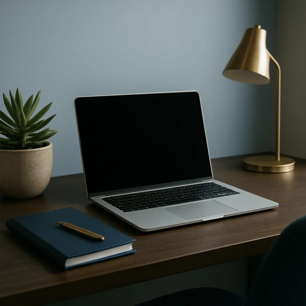 Détail d'un bureau avec ordinateur, carnet et plante méditerranée