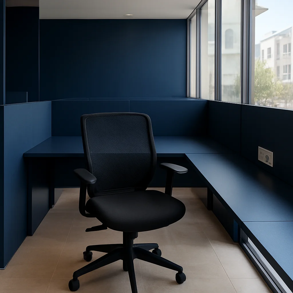 Poste de coworking en lumière naturelle, bureau bleu marine, chai